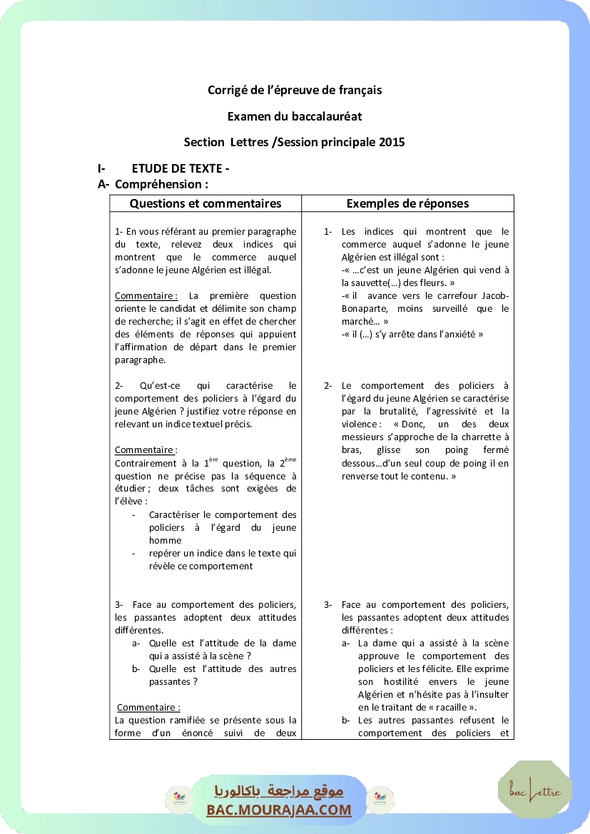 Corrigé principale francais Bac 2015 – Section lettre